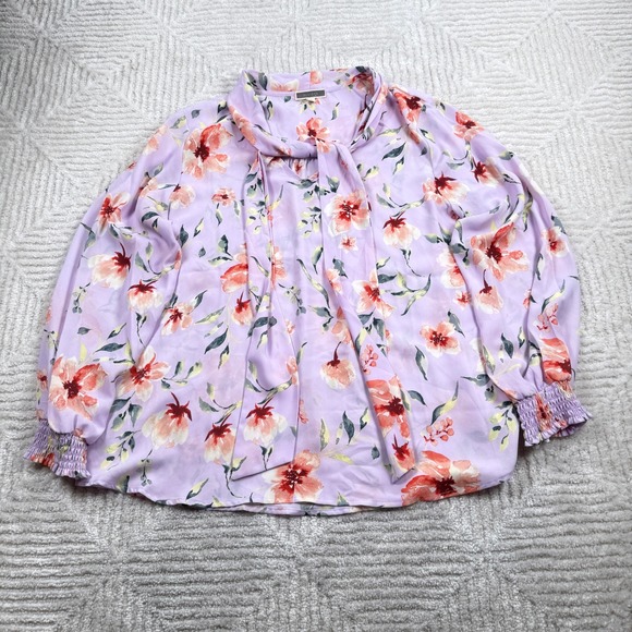 Pleione Tops - Pleione Floral Tie Neck Blouse Women's XL Purple Cottagecore Romantic Boho Chic